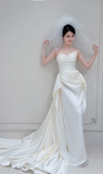 Chic A Line Strapless White Satin Pleated With Veil Long Wedding Dresses HZ1024