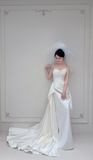 Chic A Line Strapless White Satin Pleated With Veil Long Wedding Dresses HZ1024