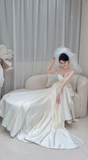 Chic A Line Strapless White Satin Pleated With Veil Long Wedding Dresses HZ1024