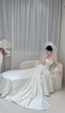 Chic A Line Strapless White Satin Pleated With Veil Long Wedding Dresses HZ1024