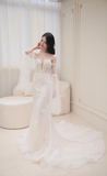 Timeless Mermaid Strapless Tulle Applique Long Sleeves Long Wedding Dresses HZ1024