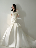 Vintage Mermaid Off The Shoulder Satin Pleated Long Wedding Dresses HZ1024