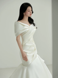 Vintage Mermaid Off The Shoulder Satin Pleated Long Wedding Dresses HZ1024