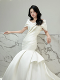 Vintage Mermaid Off The Shoulder Satin Pleated Long Wedding Dresses HZ1024