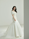 Vintage Mermaid Off The Shoulder Satin Pleated Long Wedding Dresses HZ1024