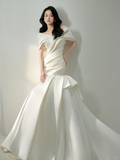 Vintage Mermaid Off The Shoulder Satin Pleated Long Wedding Dresses HZ1024