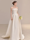 Summer Simple A Line Strapless Ivory Satin Slit Long Wedding Dresses HZ1024