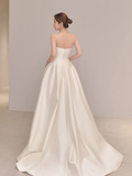 Summer Simple A Line Strapless Ivory Satin Slit Long Wedding Dresses HZ1024