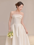 Summer Simple A Line Strapless Ivory Satin Slit Long Wedding Dresses HZ1024
