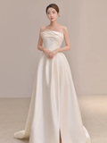 Summer Simple A Line Strapless Ivory Satin Slit Long Wedding Dresses HZ1024