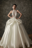 Unique Ball Gown Halter Ivory Satin Applique Long Wedding Dresses HZ1024
