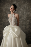Unique Ball Gown Halter Ivory Satin Applique Long Wedding Dresses HZ1024