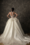 Unique Ball Gown Halter Ivory Satin Applique Long Wedding Dresses HZ1024