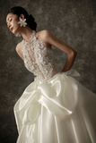 Unique Ball Gown Halter Ivory Satin Applique Long Wedding Dresses HZ1024