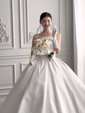 Classy Elegant Ball Gown Strapless White Satin Applique With Veil Gloves Long Wedding Dresses HZ1024