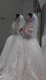 Gorgeous Ball Gown Off The Shoulder White Tulle Sequin With Veil Long Wedding Dresses HZ1024