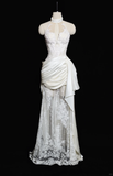 Vintage Mermaid Halter Satin Lace Pleated Long Wedding Dresses HZ1024