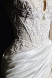 Vintage Mermaid Halter Satin Lace Pleated Long Wedding Dresses HZ1024