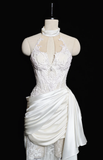 Vintage Mermaid Halter Satin Lace Pleated Long Wedding Dresses HZ1024