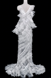 Gorgeous Mermaid V Neck White Tulle Lace Long Wedding Dresses HZ1024