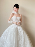 Dreamy Ball Gown Strapless White Lace With Gloves Long Wedding Dresses HZ1024