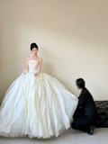 Princess Ball Gown Strapless White Satin Tulle Applique With Gloves Long Wedding Dresses HZ1024