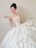 Princess Ball Gown Strapless White Satin Tulle Applique With Gloves Long Wedding Dresses HZ1024