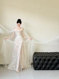 Unique A Line Off The Shoulder Tulle Applique Slit Long Sleeves Long Wedding Dresses HZ1024