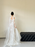 Unique A Line Off The Shoulder Tulle Applique Slit Long Sleeves Long Wedding Dresses HZ1024
