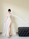 Unique A Line Off The Shoulder Tulle Applique Slit Long Sleeves Long Wedding Dresses HZ1024