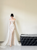 Unique A Line Off The Shoulder Tulle Applique Slit Long Sleeves Long Wedding Dresses HZ1024