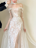 Unique A Line Off The Shoulder Tulle Applique Slit Long Sleeves Long Wedding Dresses HZ1024