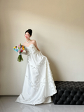 Elegant Strapless White Satin Applique With Gloves Long Wedding Dresses HZ1024