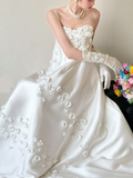 Elegant Strapless White Satin Applique With Gloves Long Wedding Dresses HZ1024