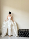 Unique Mermaid Strapless White Satin Tulle Applique With Gloves Long Wedding Dresses HZ1024