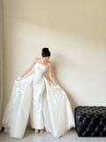Unique Mermaid Strapless White Satin Tulle Applique With Gloves Long Wedding Dresses HZ1024