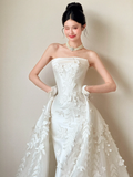 Unique Mermaid Strapless White Satin Tulle Applique With Gloves Long Wedding Dresses HZ1024
