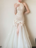 Classy Elegant Mermaid Halter Tulle With Gloves Long Wedding Dresses HZ1024