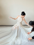 Classy Elegant Mermaid Halter Tulle With Gloves Long Wedding Dresses HZ1024