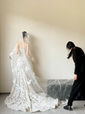 Dreamy Mermaid Strapless Tulle Applique With Gloves Long Wedding Dresses HZ1024