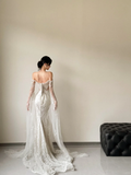Gorgeous Mermaid Off The Shoulder Tulle Beaded Long Sleeves Long Wedding Dresses HZ1024