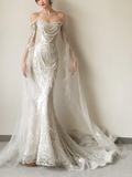 Gorgeous Mermaid Off The Shoulder Tulle Beaded Long Sleeves Long Wedding Dresses HZ1024