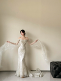 Gorgeous Mermaid Off The Shoulder Tulle Beaded Long Sleeves Long Wedding Dresses HZ1024