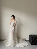 Elegant Mermaid Off The Shoulder Tulle Applique With Veil Long Wedding Dresses HZ1024
