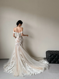 Elegant Mermaid Off The Shoulder Tulle Applique With Veil Long Wedding Dresses HZ1024