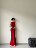 Chic Mermaid Red Satin Backless Satin Long Bridesmaid Dress HZ1024