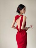 Chic Mermaid Red Satin Backless Satin Long Bridesmaid Dress HZ1024