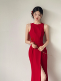 Chic Mermaid Red Satin Backless Satin Long Bridesmaid Dress HZ1024