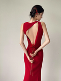 Chic Mermaid Red Satin Backless Satin Long Bridesmaid Dress HZ1024