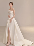Elegant A Line Strapless Satin Slit Long Bridesmaid Dress HZ1024